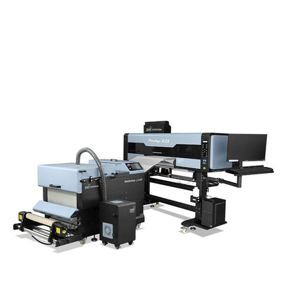 Prestige XL3 8-Color DTF Printer bundle including the Seismo L24R Automatic Powder Applicator and Dryer for high-vibrancy, industrial-scale garment printing.