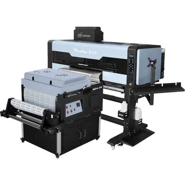 Prestige XL3 8-Color DTF Printer with expanded color gamut paired with a Miro 24 Automatic Powder Shaker and Dryer for high-vibrancy garment printing.