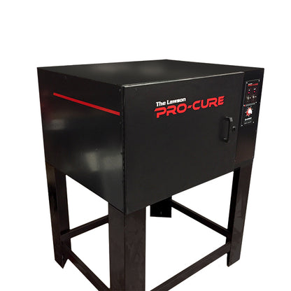 The Lawson Pro-Cure UV light curing machine on a black metal stand, featuring a black cabinet with red branding and a control panel on the right side.