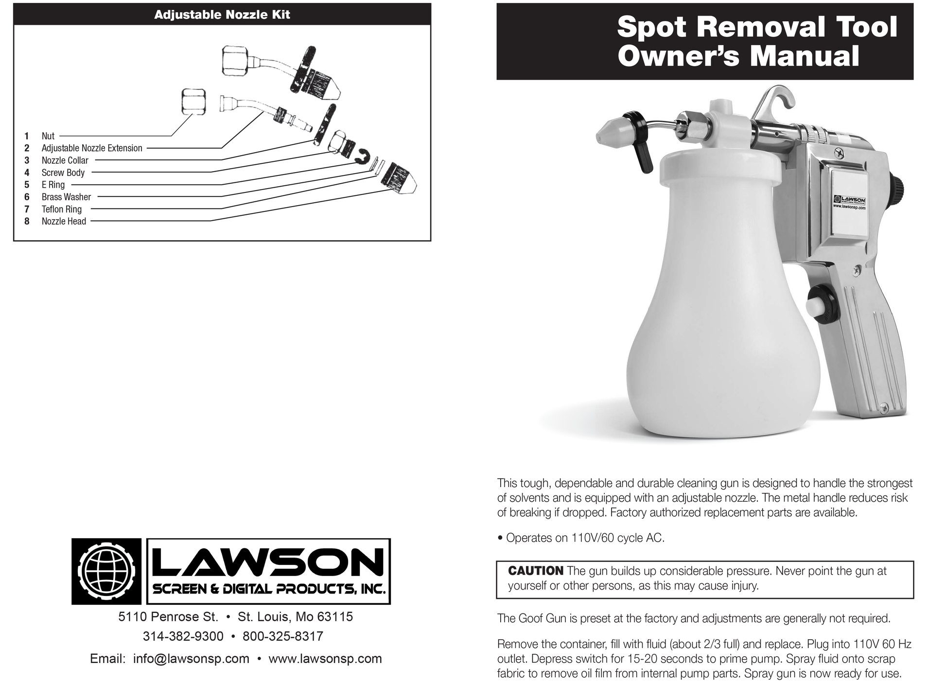 A scanned page from a Lawson Screen & Digital Products Inc. user manual for an Adjustable Nozzle Kit and Spot Removal Tool, showing a product photo, exploded parts diagram, and text instructions.