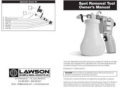 A scanned page from a Lawson Screen & Digital Products Inc. user manual for an Adjustable Nozzle Kit and Spot Removal Tool, showing a product photo, exploded parts diagram, and text instructions.