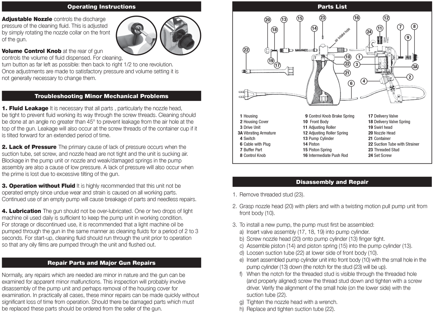 A technical service manual page for a gas grill, showing the 'Adjustable Nozzle' diagram, 'Operating Instructions' steps, and a 'Parts List' with part numbers and descriptions for components like the nozzle, hose, control knob, and pump assembly.