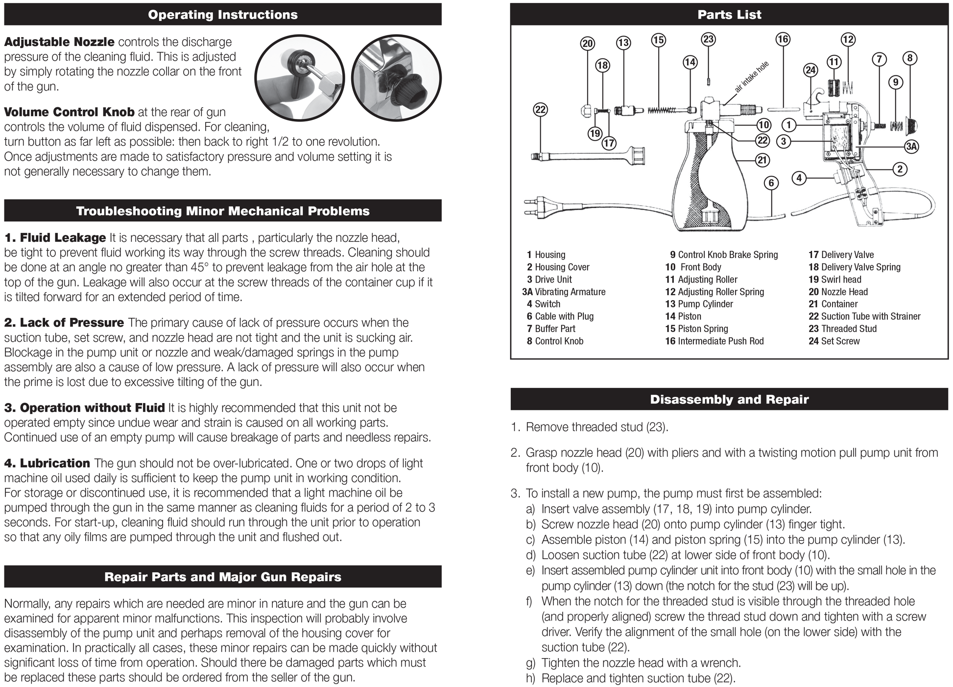 A technical service manual page for a gas grill, showing the 'Adjustable Nozzle' diagram, 'Operating Instructions' steps, and a 'Parts List' with part numbers and descriptions for components like the nozzle, hose, control knob, and pump assembly.
