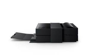 Side profile view of the black Epson SureColor P900 17-inch screen printing film printer with its paper tray extended, isolated on a white background.