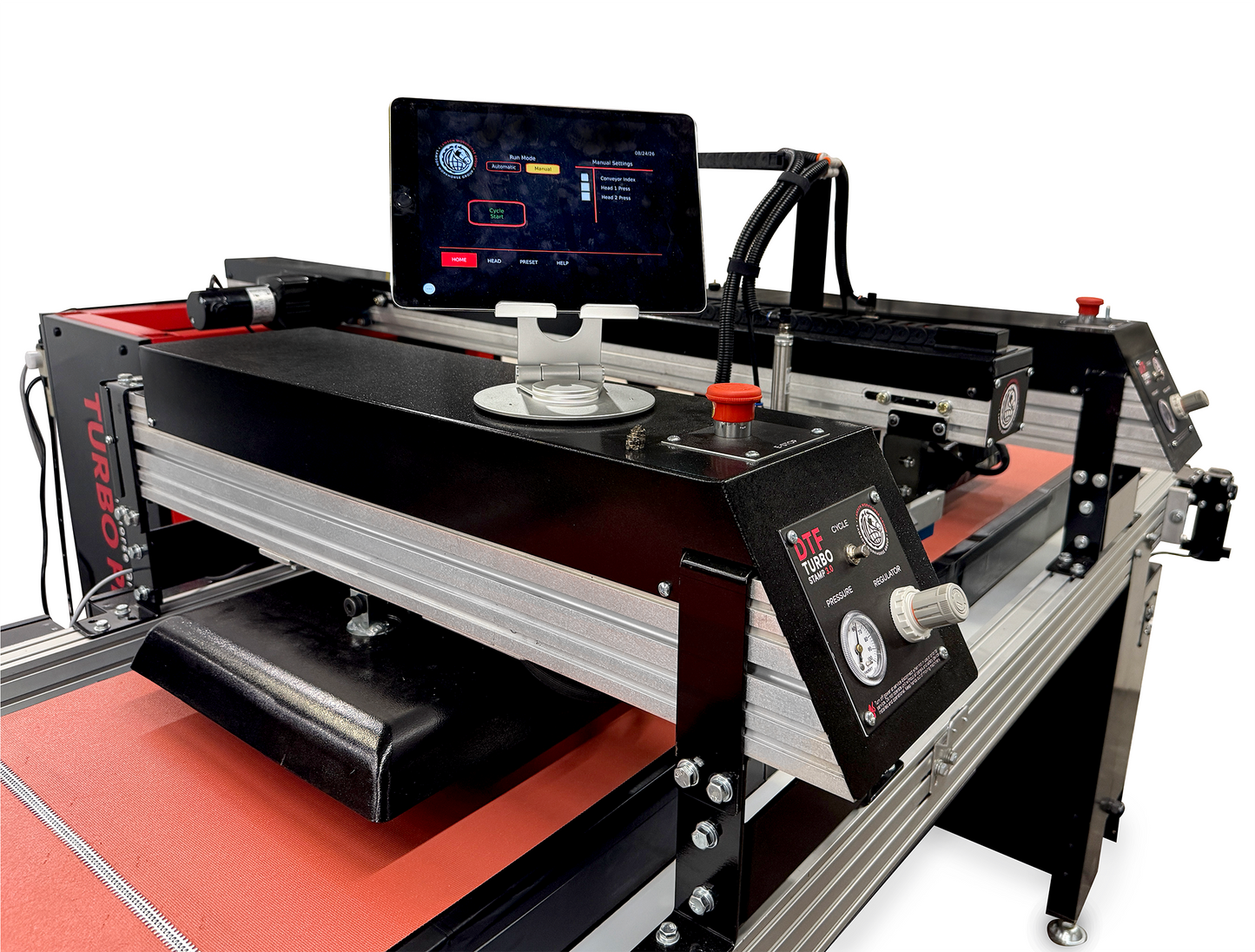 A desktop industrial laser marking machine with a black and silver aluminum frame, red protective panels, a digital touchscreen display, and a control panel with gauges, shown on a white background.