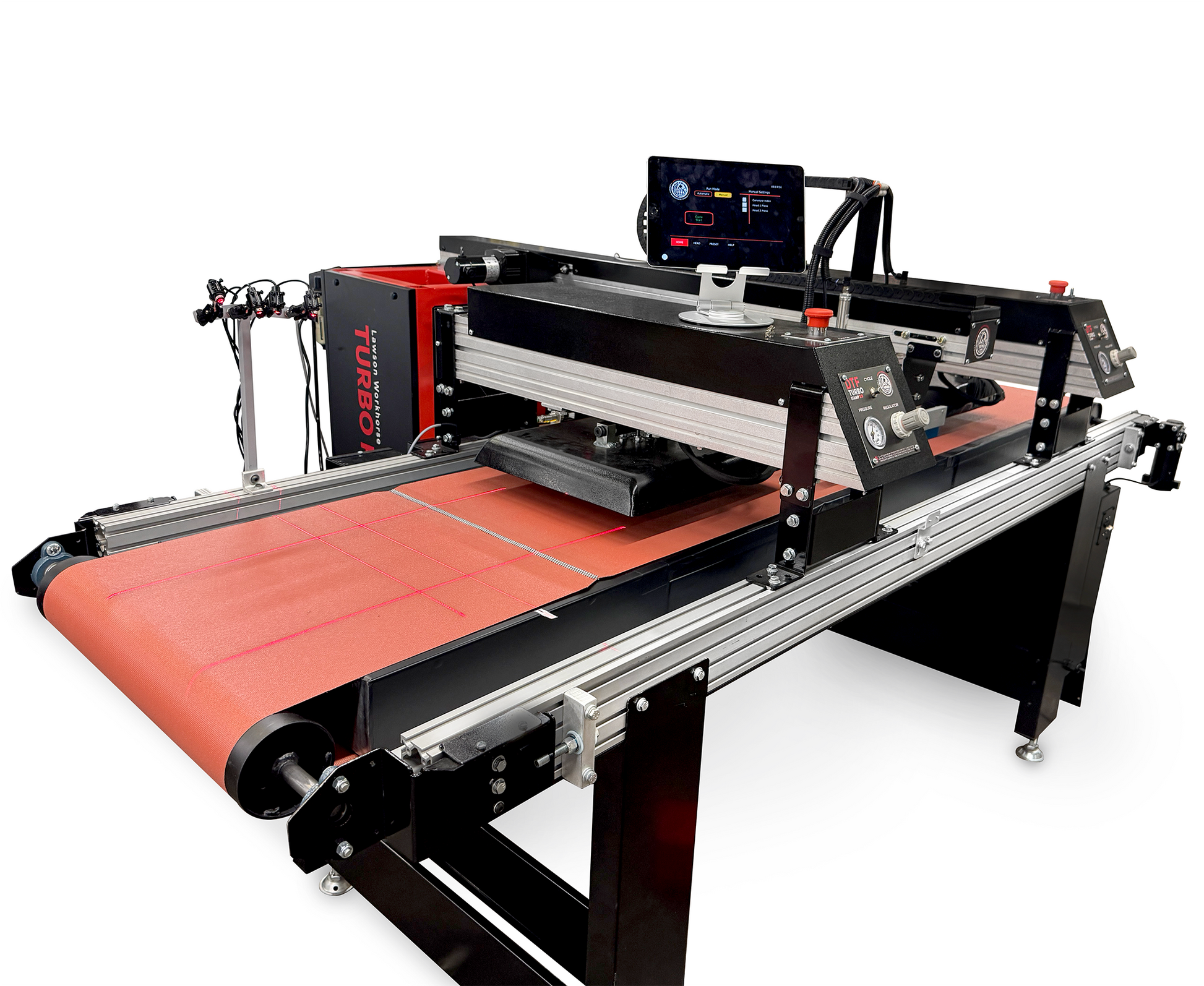 A large industrial flatbed laser cutter and engraver machine with a black and silver metal frame, a red-orange bed sheet, and a digital control screen on top, photographed on a clean white background.