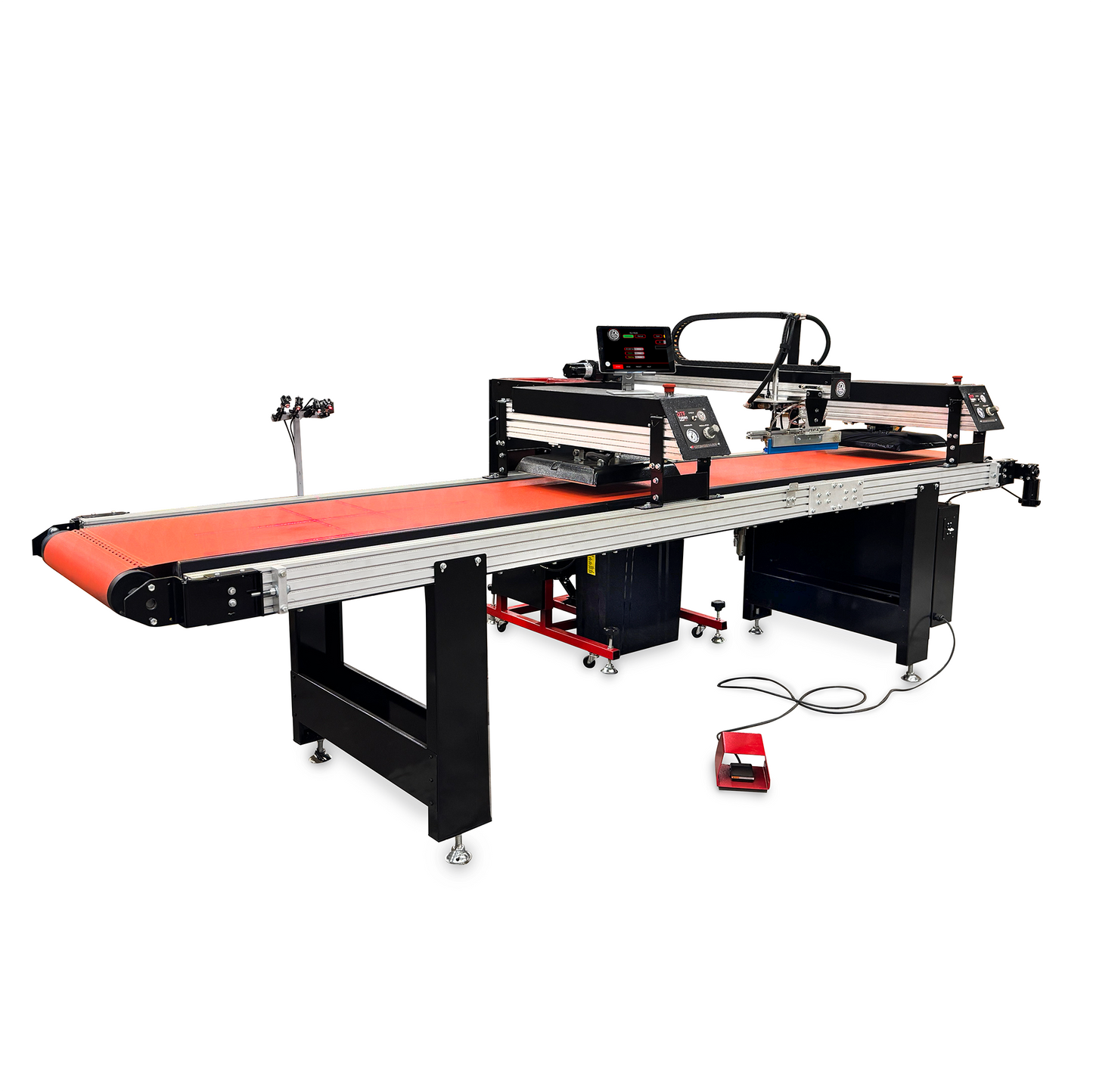 A large industrial laser cutting and welding machine with a black metal frame, silver rails, and a prominent orange conveyor belt, shown on a white background with its foot pedal.
