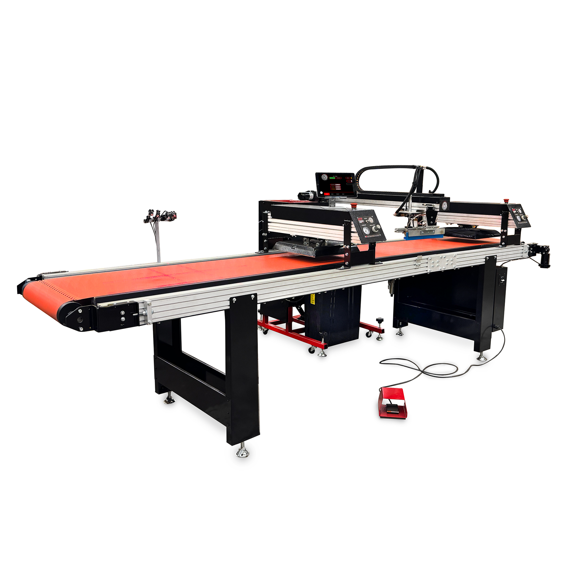 A large industrial laser cutting and welding machine with a black metal frame, silver rails, and a prominent orange conveyor belt, shown on a white background with its foot pedal.