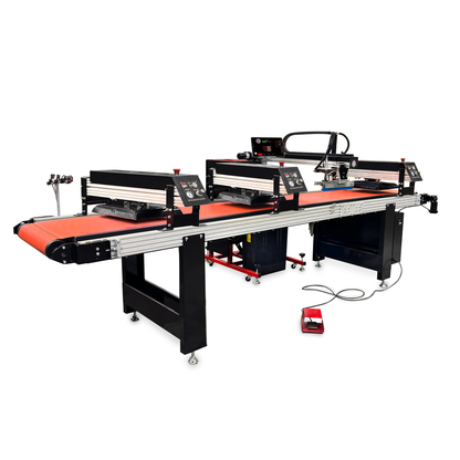 A large industrial multi-printer sewing machine system with black metal frames, red conveyor belts, and digital control panels, shown on a clean white background.