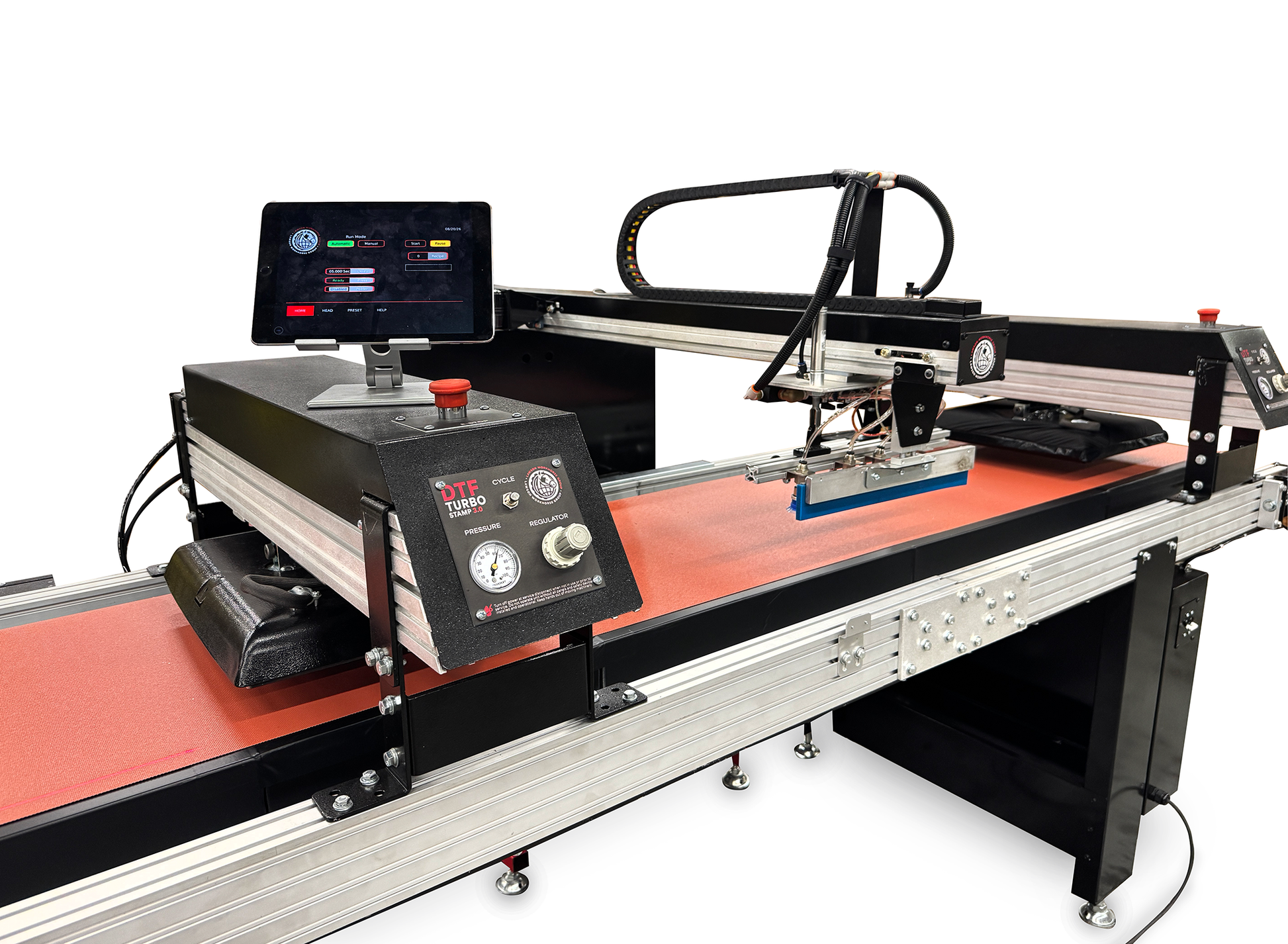 A large industrial laser marking machine with a digital touchscreen control panel, aluminum rail system, and red cutting bed, shown on a white background.