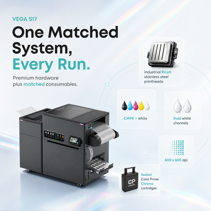A promotional product graphic for a VEGA S17 industrial laser marking machine. The main subject is a black and dark gray VEGA S17 laser marking machine shown on a light blue and white background with feature callouts and text.