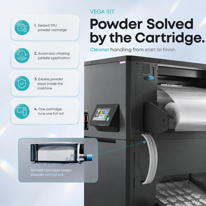 Vega S17 DTF powder station showing sealed TPU powder cartridge system, automatic rotating paddle application, and enclosed clean powder handling