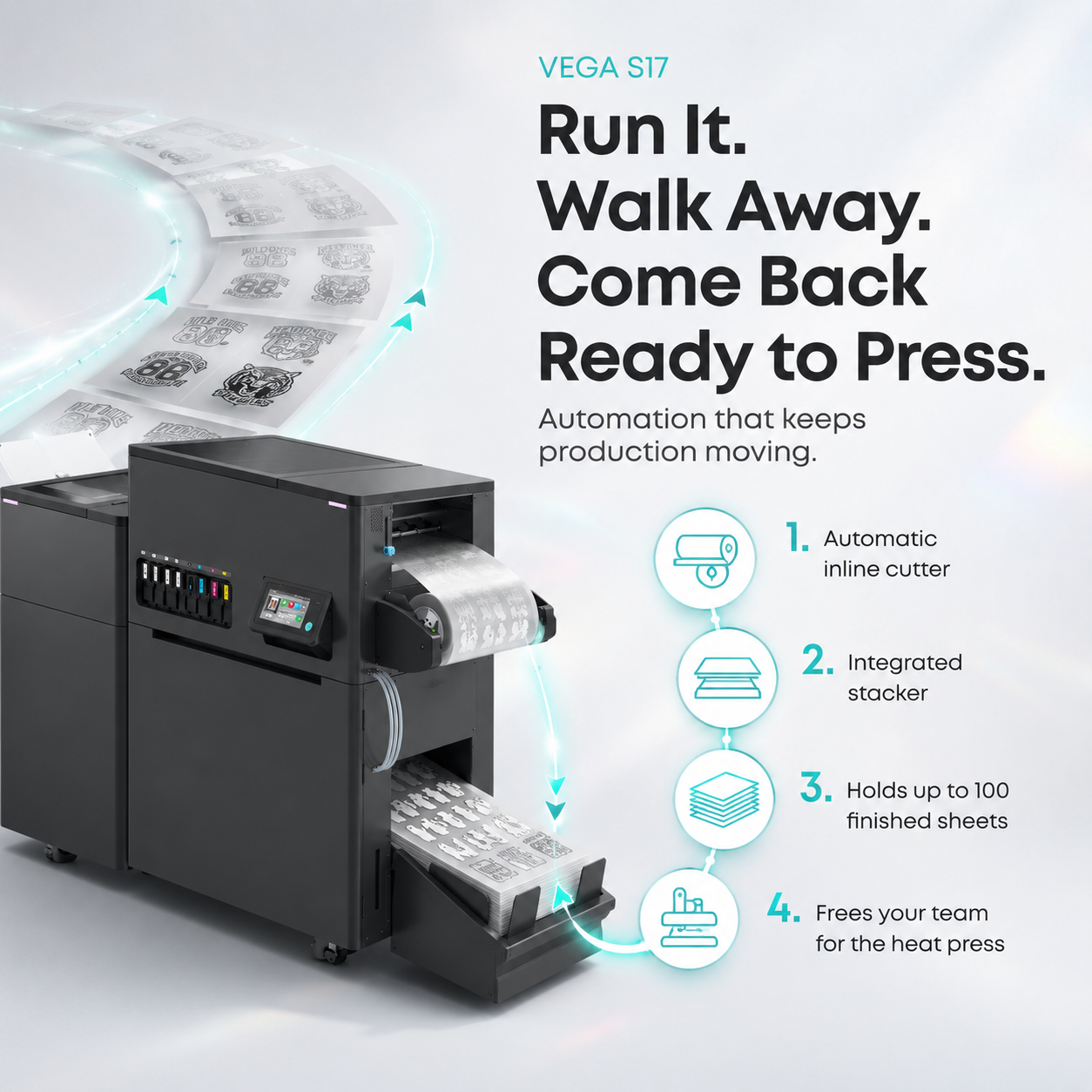 VEGA S17 heat press machine in dark gray/black with printed sheets emerging from the output tray, shown on a clean white-to-light-gray background with marketing text and feature callouts.