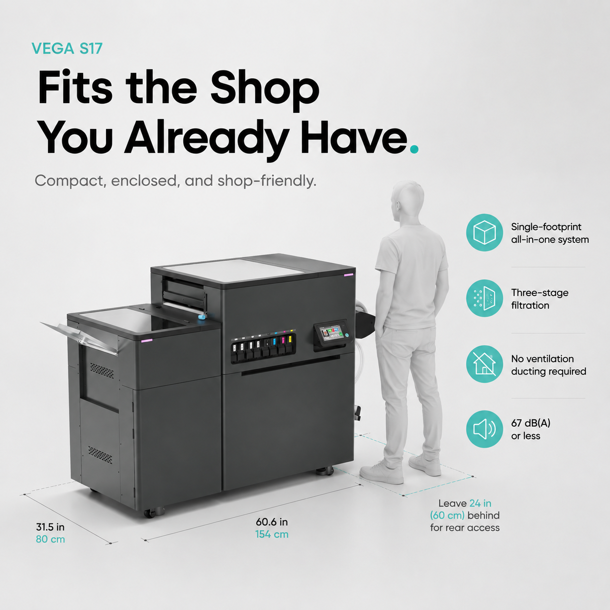 Vega S17 17-inch roll-fed commercial DTF printer on display, showing digital control panel and enclosed compact footprint