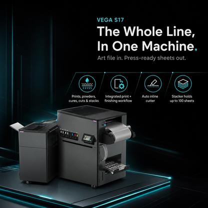 A dark promotional graphic for a VEGA S17 whole-line printing machine. The main subject is a large black printer and adjacent accessory unit on a glowing dark platform, with marketing text and feature icons above it.