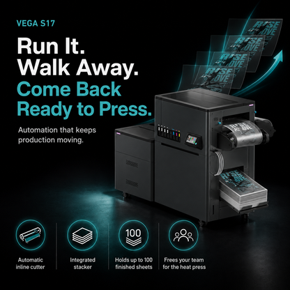 Vega S17 17-inch roll-fed commercial DTF printer with digital touchscreen panel on display platform