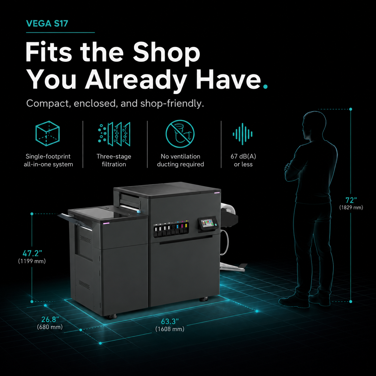 Black VEGA S17 industrial machine shown on a dark promotional background with dimensions, icons, and a human silhouette for scale. Text reads 'Fits the Shop You Already Have.