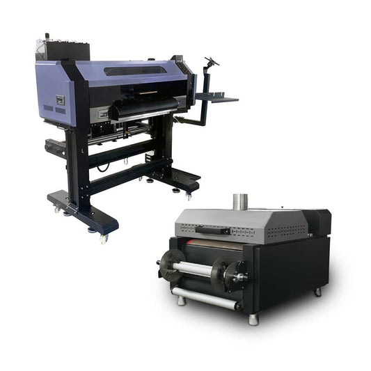 A product bundle featuring the Prestige XL2 24-inch DTF roll-to-roll printer on a rolling stand and the compact A13 automatic powder shaker and dryer unit.