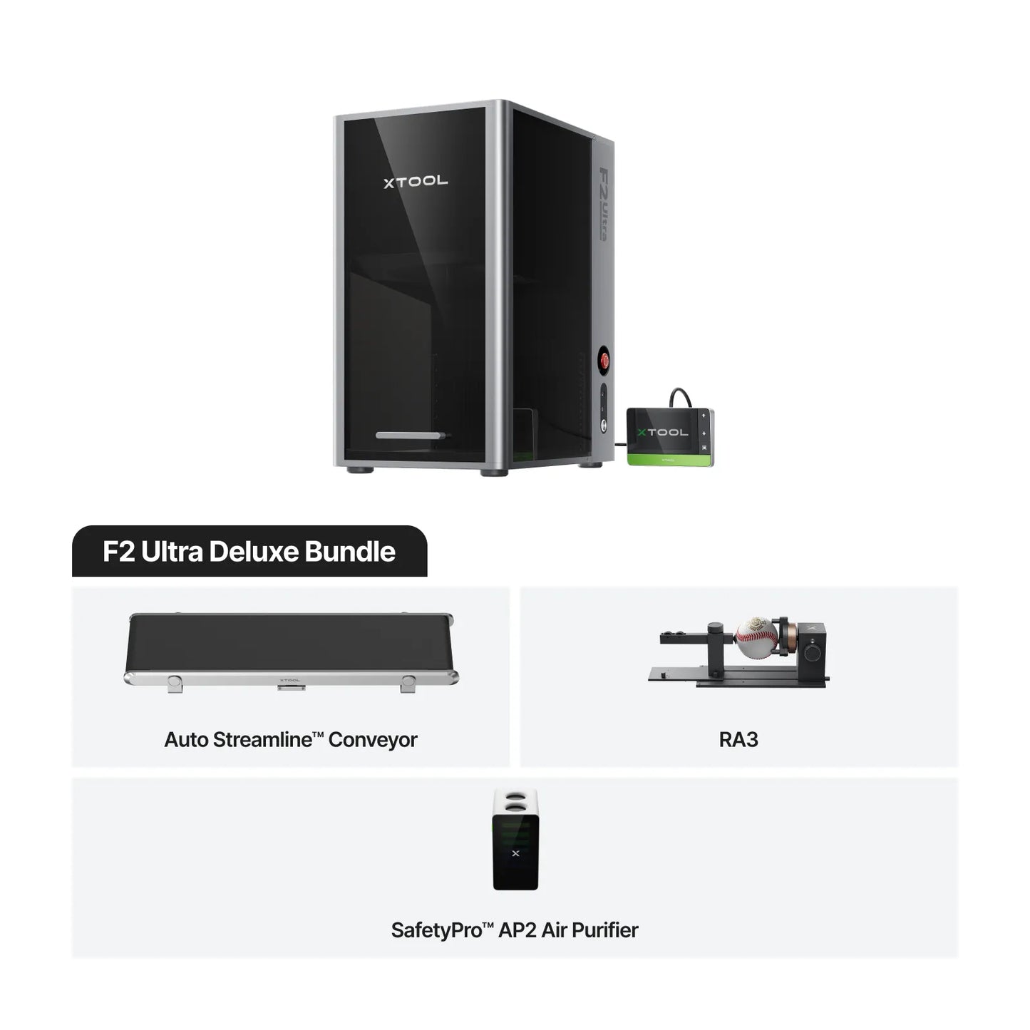 XTOOL F2 Ultra Deluxe Bundle with Auto Streamline Conveyor, RA3, and SafetyPro AP2 Air Purifier on a white background
