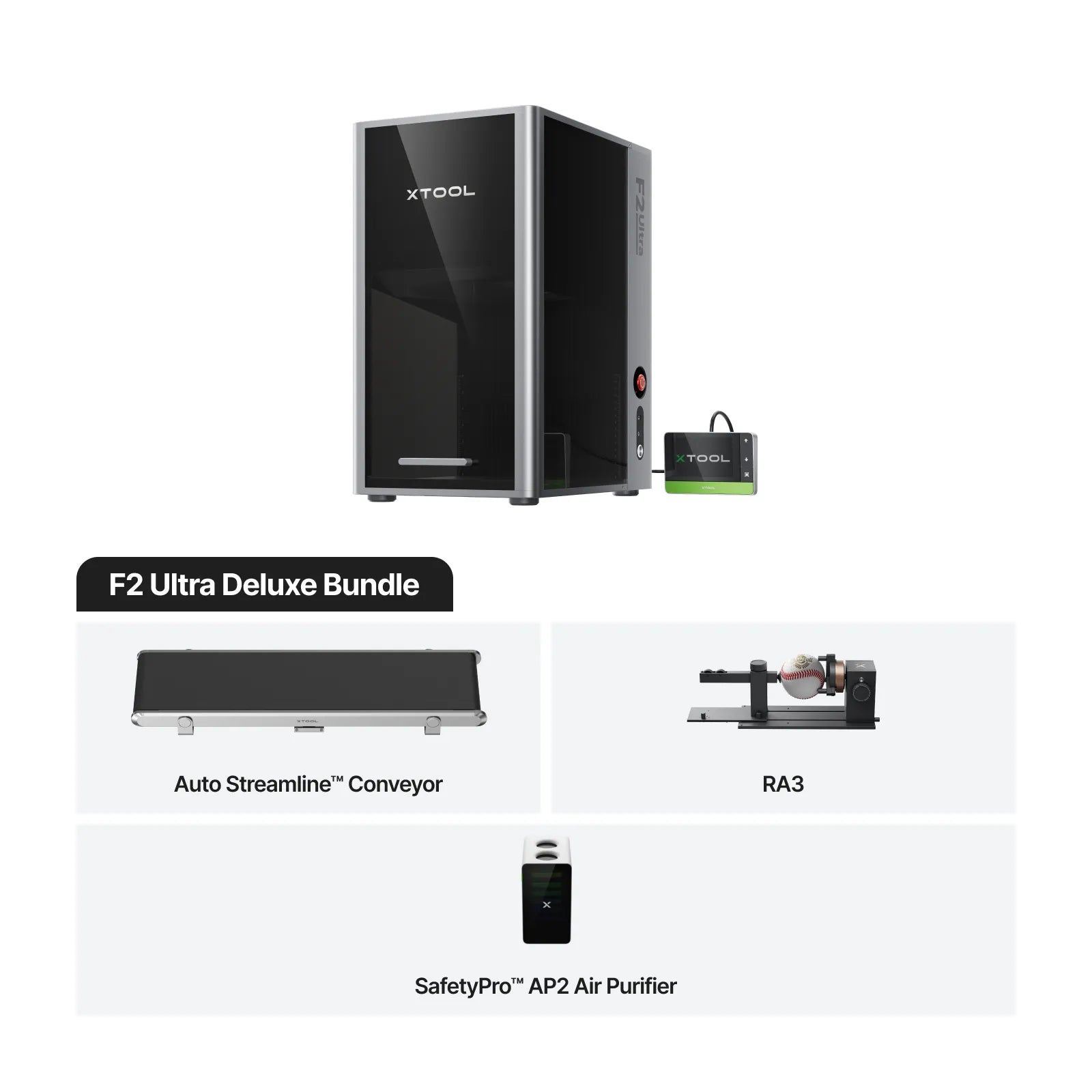 XTOOL F2 Ultra Deluxe Bundle with Auto Streamline Conveyor, RA3, and SafetyPro AP2 Air Purifier on a white background