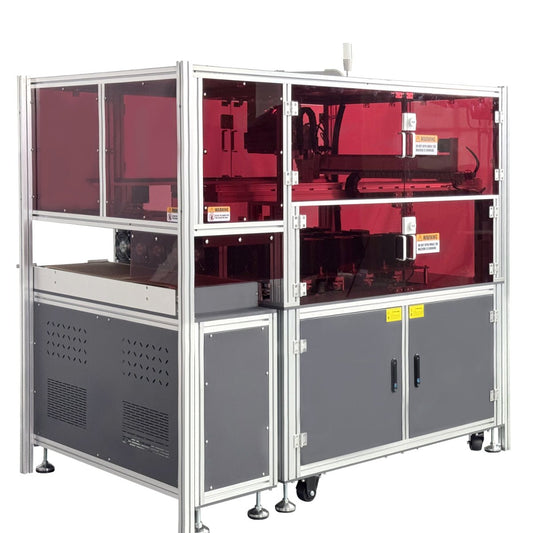 Industrial machine with transparent red panels on a white background