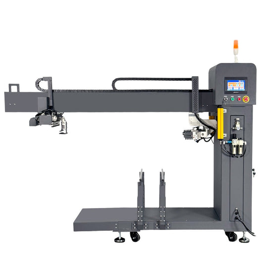 Industrial robot arm with control panel on a white background