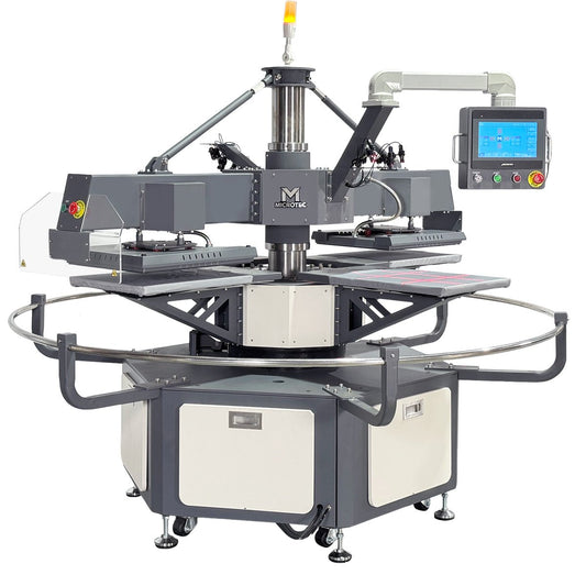 Industrial screen printing machine with digital display on a white background