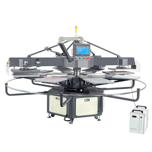 Industrial screen printing machine on a white background