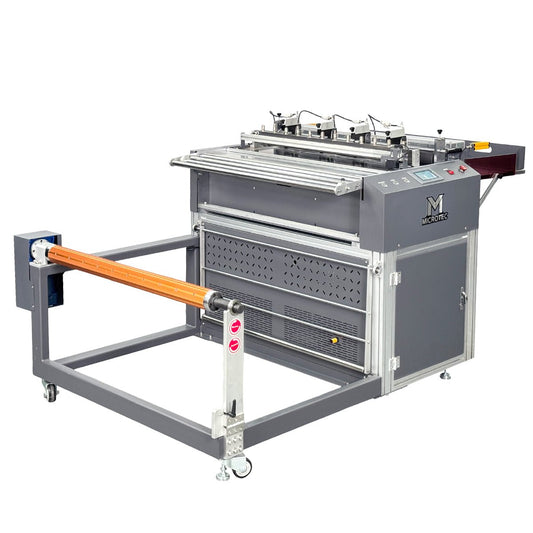 Industrial machine with a gray frame and orange conveyor belt on a white background