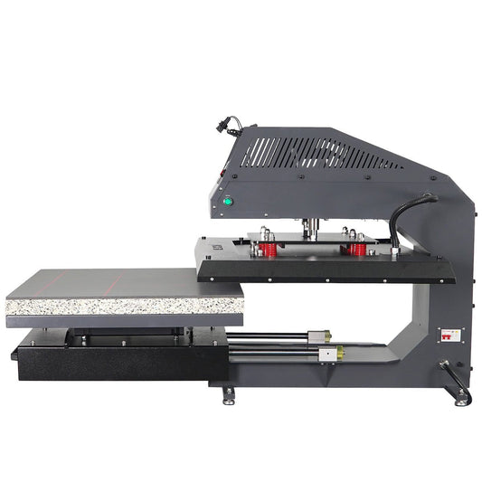 Industrial machine with a flatbed and moving component on a white background