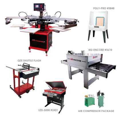 A collage showing multiple industrial printing and packaging machines on a white background, including a large screen printing press labeled POLY-PRO #3848, an M2-ENCORE #3610 machine, a Q2E shuttle flash, an LED-5000 #2431 unit, and an air compressor package.