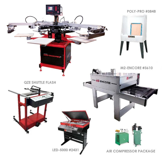 A collage showing multiple industrial printing and packaging machines on a white background, including a large screen printing press labeled POLY-PRO #3848, an M2-ENCORE #3610 machine, a Q2E shuttle flash, an LED-5000 #2431 unit, and an air compressor package.