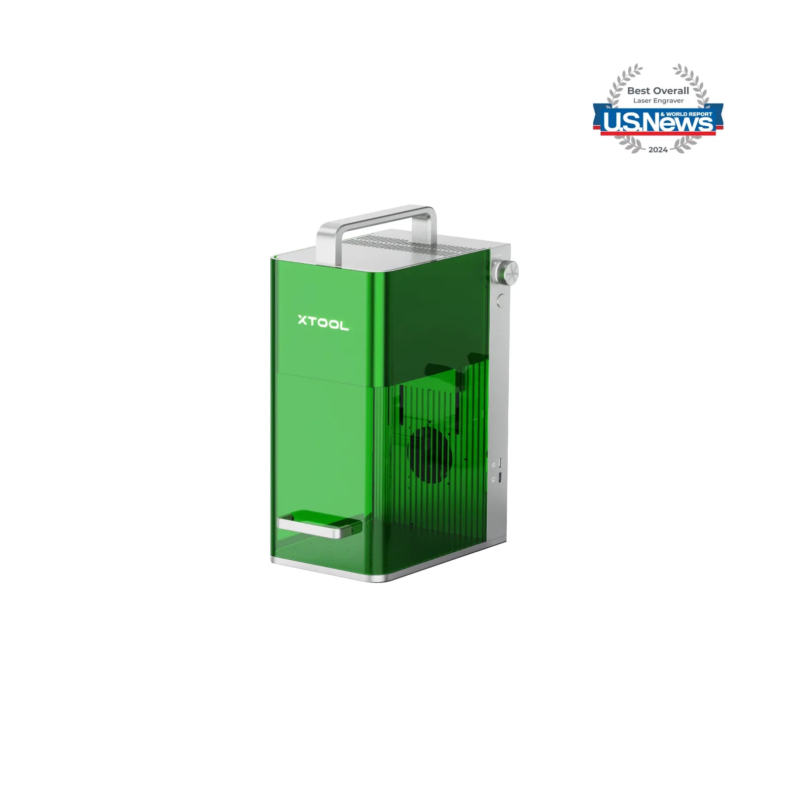 xTool F1 Fast and Portable Laser Engraver. Green electronic device with 'xtool' branding on a white background, featuring U.S. News logo.