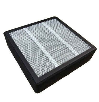 Rectangular air filter with black frame and white pleated material on a white background