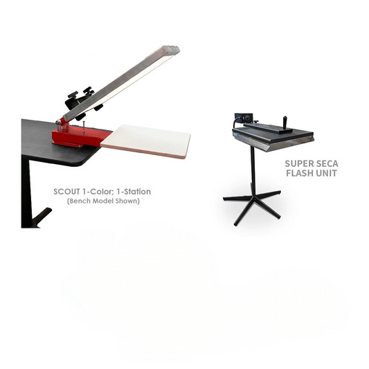 Two studio printing devices on a white background: a red and black Scout 1-Color 1-Stalion bench model on the left, and a black Super Seca Flash Unit on a stand on the right, with text labels identifying them.