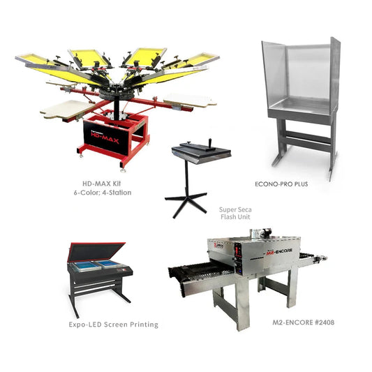 A collection of Lawson screen printing equipment for an intermediate startup kit, featuring a 6-color, 4-station HD-MAX press, a Super Seca flash unit, an Econo-Pro Plus washout booth, an Expo-LED screen exposure unit, and an M2-Encore #2408 conveyor dryer, all isolated on a white background with product labels.