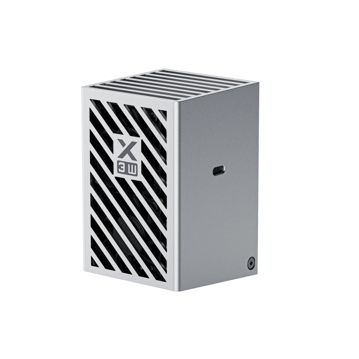 Rectangular metal box with black and white striped pattern and 'X3' logo on a white background
