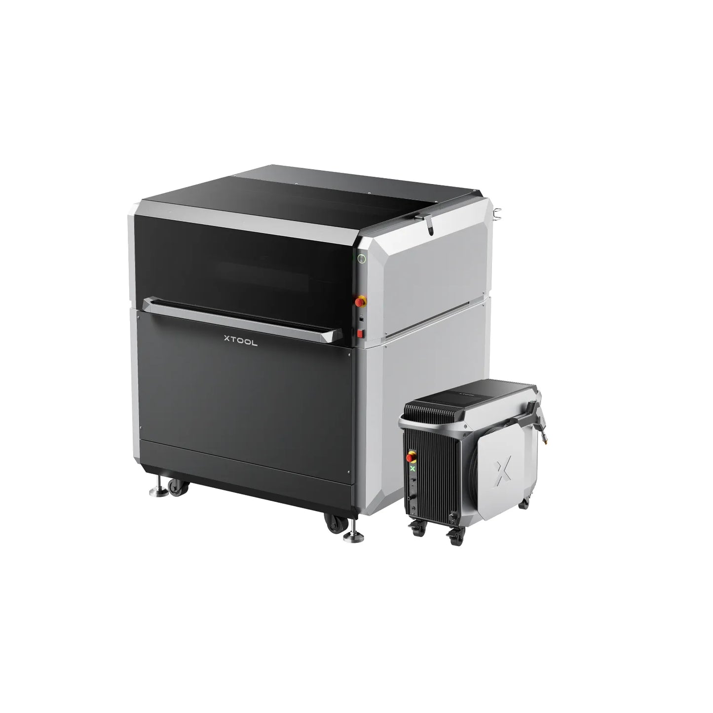 xTool MetalFab 1200W industrial CNC machine bundle, featuring the main enclosed grey and black laser/machining unit on wheels alongside a matching compact auxiliary filtration or power unit, isolated on a white background.