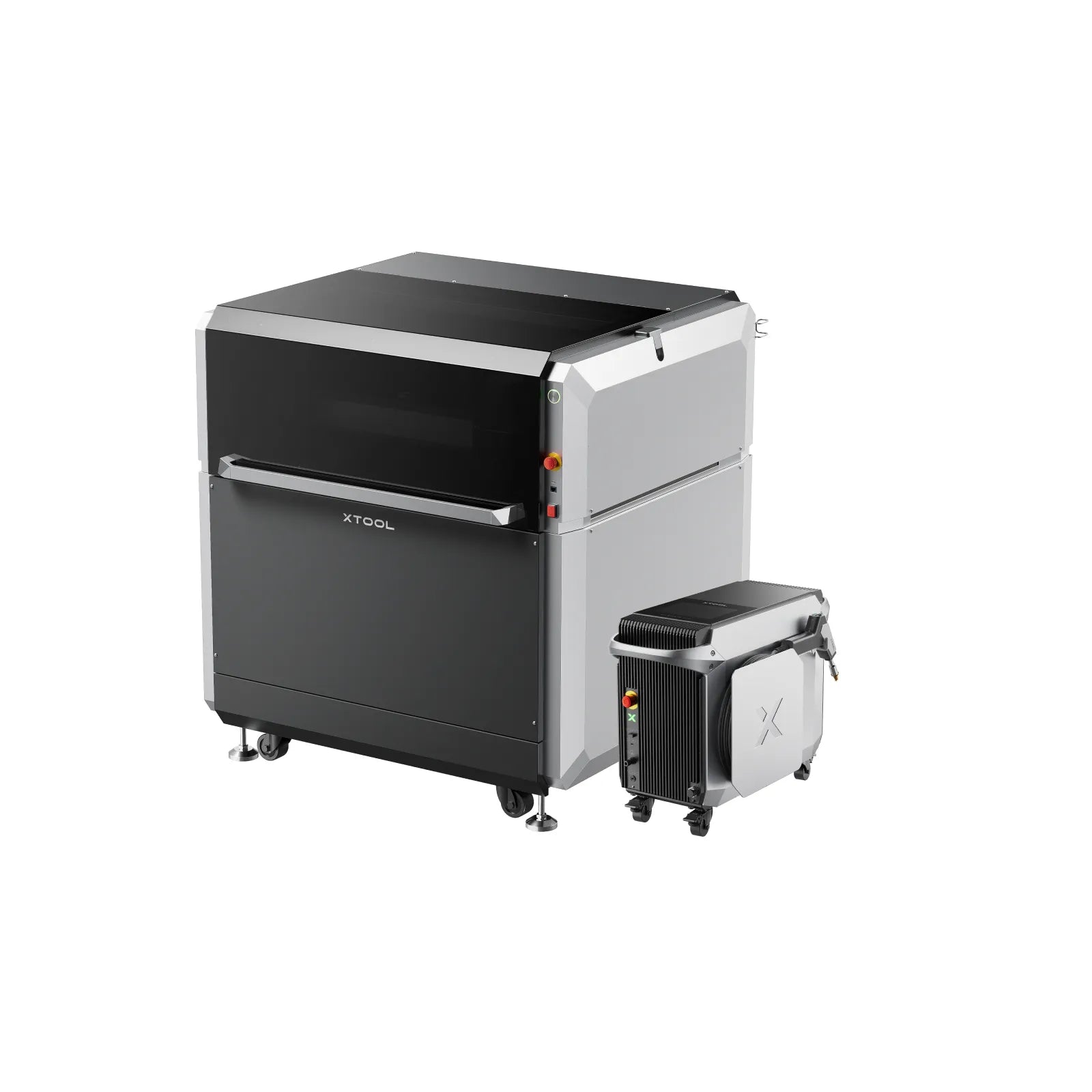 xTool MetalFab 1200W industrial CNC machine bundle, featuring the main enclosed grey and black laser/machining unit on wheels alongside a matching compact auxiliary filtration or power unit, isolated on a white background.