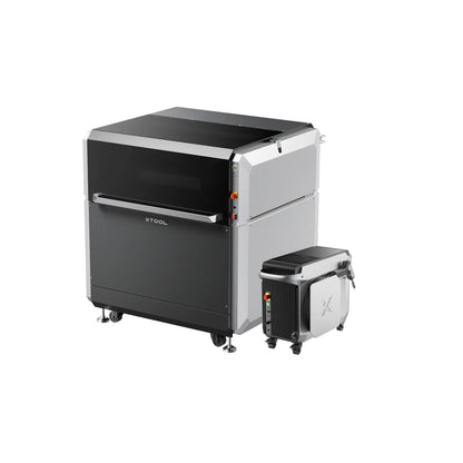 xTool MetalFab 1200W industrial CNC machine bundle, featuring the main enclosed grey and black laser/machining unit on wheels alongside a matching compact auxiliary filtration or power unit, isolated on a white background.