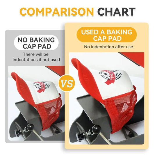 Comparison chart showing a baking cap pad with and without use, indicating indentation differences.