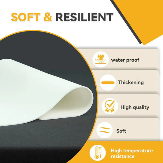 Product packaging with text 'Soft & Resilient' and features listed on a gray and orange background.