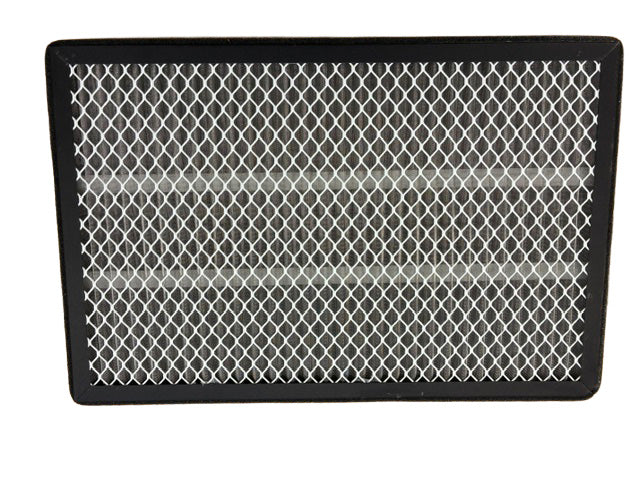 Rectangular air filter with a black frame and mesh screen on a white background back view.