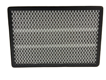 Rectangular air filter with a black frame and mesh screen on a white background back view.