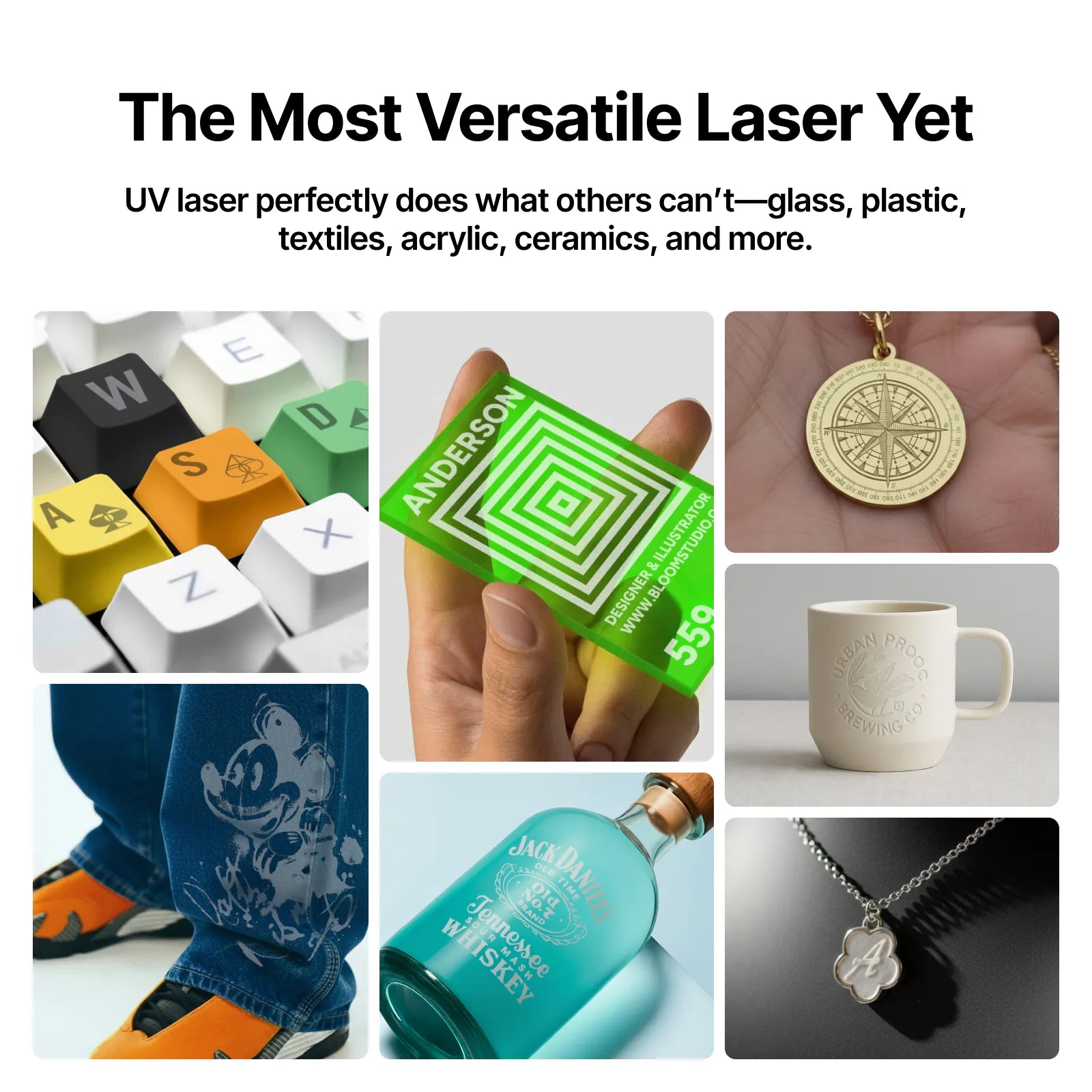 Collage of various items being laser engraved with text 'The Most Versatile Laser Yet' and description.
