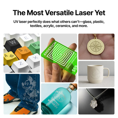 Collage of various items being laser engraved with text 'The Most Versatile Laser Yet' and description.