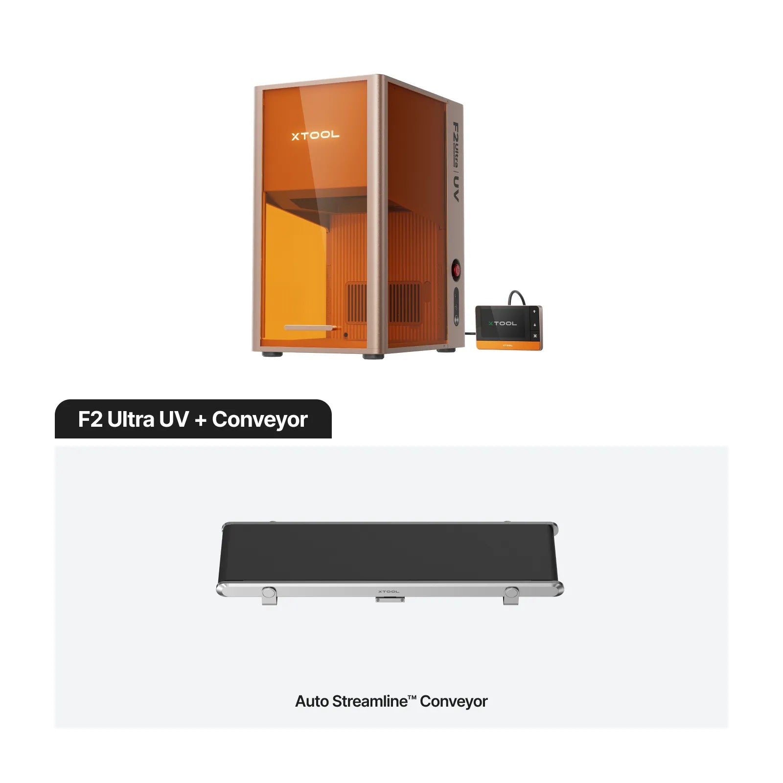 XTOOL F2 Ultra UV machine with conveyor on a white background