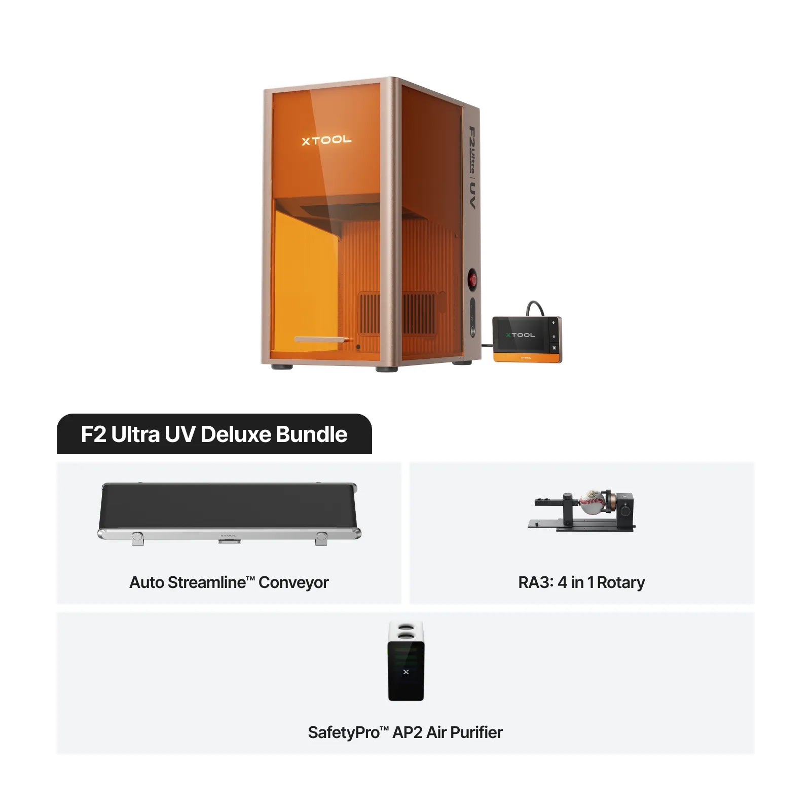 XTOOL F2 Ultra UV Deluxe Bundle with Auto Streamline Conveyor, RA3, and SafetyPro Air Purifier on a white background