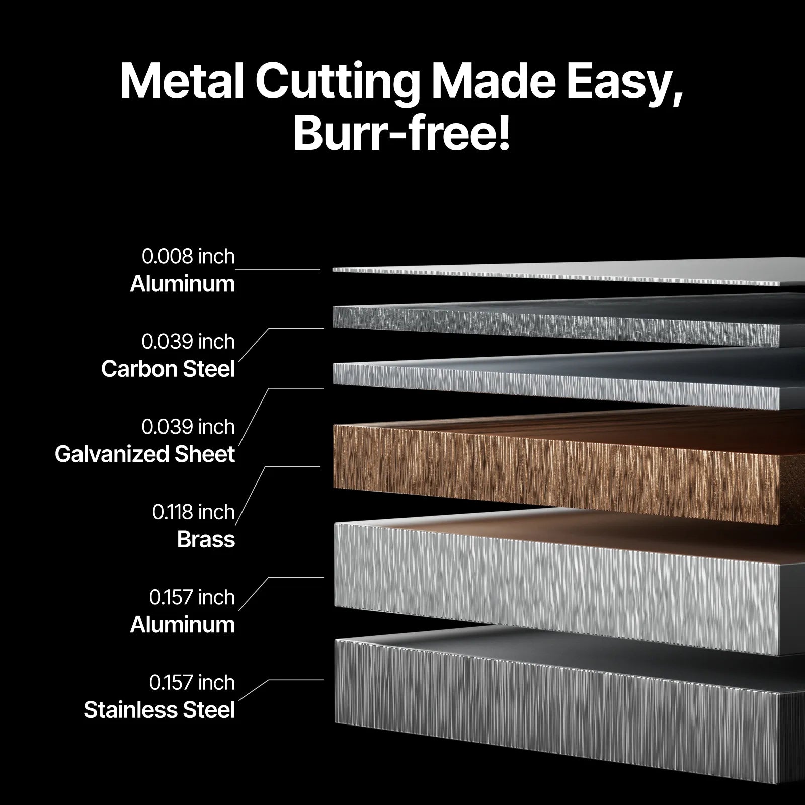 Infographic showing burr-free metal cutting results using the xTool Air Compressor, featuring labeled thickness samples of Aluminum, Carbon Steel, Galvanized Sheet, Brass, and Stainless Steel.