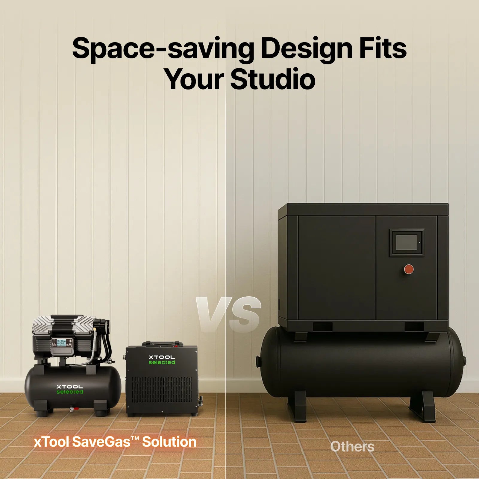 Comparison of the space-saving xTool SaveGas Solution vs. traditional industrial air compressors, illustrating how the compact xTool system fits easily into small studio workspaces.